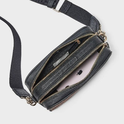 Double Zip Camera Leopard Print Crossbody Bag - Universal Thread Black/Brown
