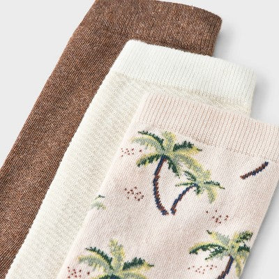 Women's Palm Tree 3pk Crew Socks - A New Day Pink/Brown Heather/Ivory 4-10: Cotton Blend, Tagless, Smooth Toe Seams