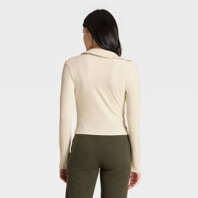 Women's Brushed Ribbed Polo Zip-Up Jacket - A New Day Cream M
