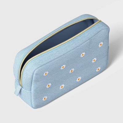 Embroidered Daisy Denim Single Zip Pencil Pouch - up&up