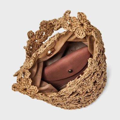 Straw Mini Floral Bucket Bag - A New Day Beige: Woven Paper Straw, Magnetic Closure, Structured Design
