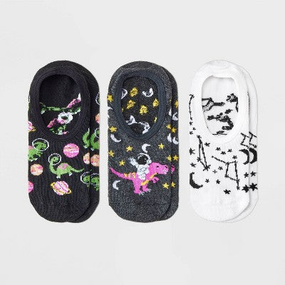 Women's Space Dinosaurs 3pk Liner Socks - Charcoal Heather/White/Black 4-10