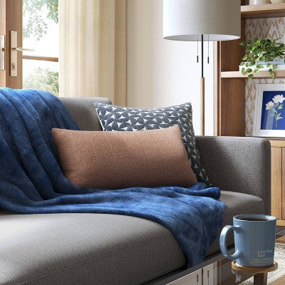 Velvet Jacquard Geo Square Throw Pillow Blue/Ivory - Threshold: Contemporary Textured Design, Zipper Closure, Machine Washable