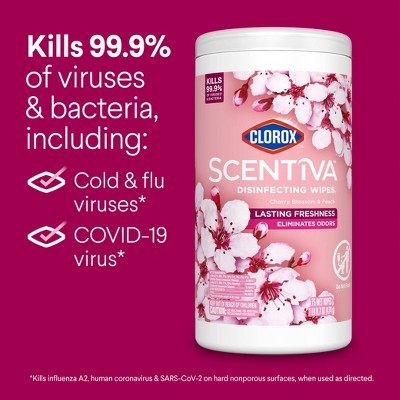 Clorox Scentiva Disinfectant Wipes - Cherry Blossom & Peach - 75ct: Multi-Surface Use, Ammonia-Free, Plastic Canister
