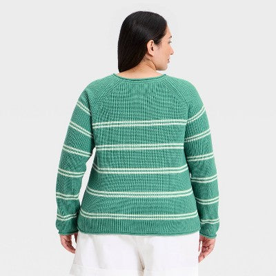 Women's Knit Pullover sweater - A New Day Green/Cream Striped XX