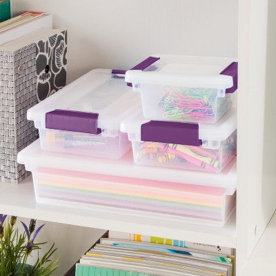 Sterilite 1.9qt Purple Latch Box Clear: Plastic Storage Bin with Lid, Portable, Stackable, Built-In Handles, Universal Use