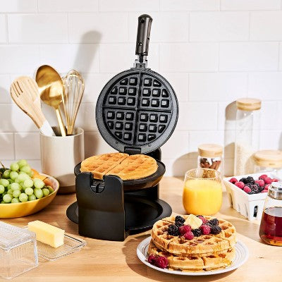 KitchenSmith Nonstick Waffle Maker Black: Aluminum, 180 Rotating, Folding Handle, Drip Tray, 1000W