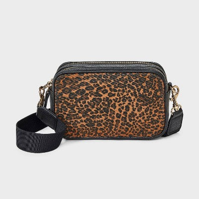 Double Zip Camera Leopard Print Crossbody Bag - Universal Thread Black/Brown