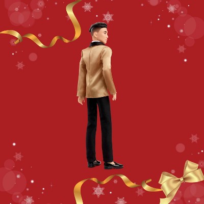 Barbie Signature 2025 Holiday Black Hair Ken Collectible Fashion Doll wearing Full Suit with Golden Jacket