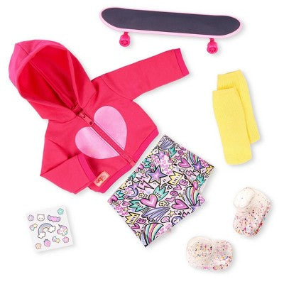 Our Generation Skate Into Fun Outfit with Skateboard & Stickers Accessories for 18" Dolls: 8-Piece Sports Clothing Set