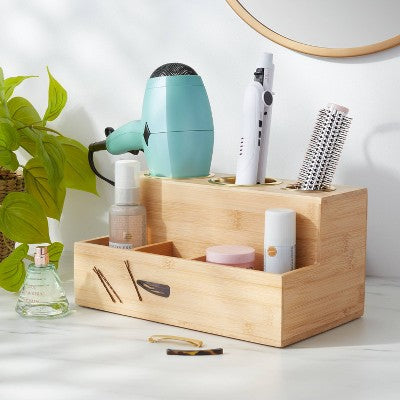 12"X7"X6" Bamboo Hair Tools Organizer with 5pc Magnets - Brightroom: Bathroom Tray, Hair Dryer Holder, Organization