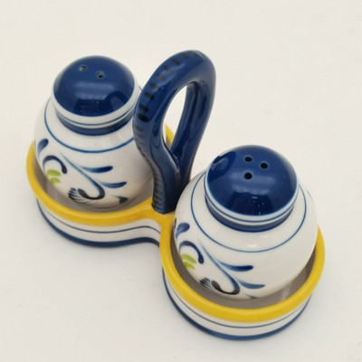 Muchoise Ceramic Salt & Pepper Shaker with Holder White/Blue
