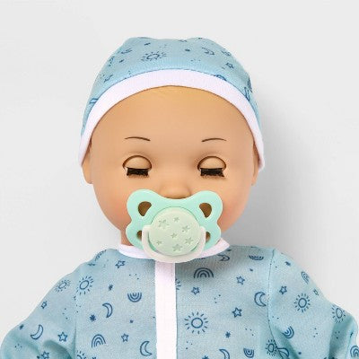 14" Snooze and Snuggle Baby Doll - Blonde Hair + Blue Eyes - Gigglescape