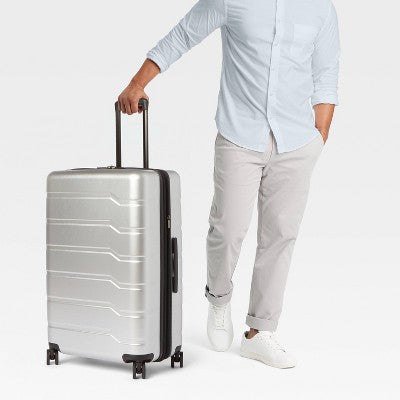 Large Checked Spinner Wheels Suitcase Silver - Open Story