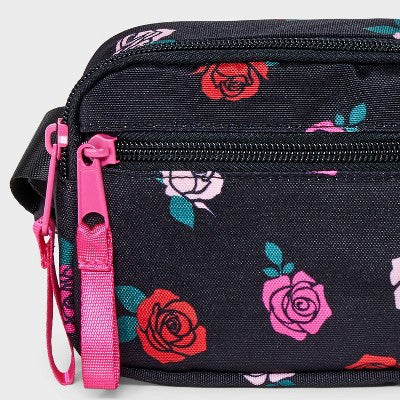 Girls' Rose Print Crossbody Bag - Cat & Jack Black: Floral Pattern, Adjustable Strap, Miniature Design