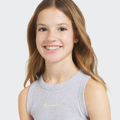 Champion Girls' Logo High Neck Ribbed Tank Top Heathered Gray XL
