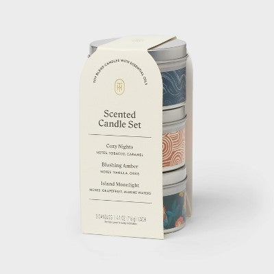 3pk Tin Candle Gift Set Cozy Nights + Blushing Amber + Island Moonlight - Threshold