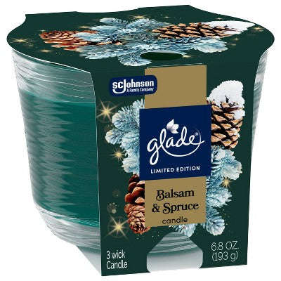 Glade 3 Wick Holiday Scented Christmas Candle for Stocking Stuffers - Balsam & Spruce - 6.8oz