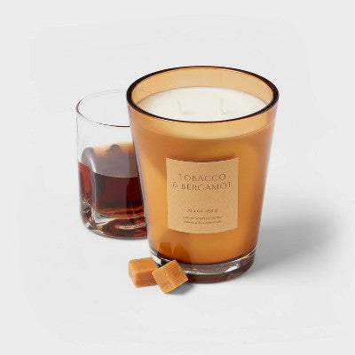 22.4oz Tobacco & Bergamot Scented Candle with Glass Vase & Dustcover - Threshold: Palm Wax, Dual Wick
