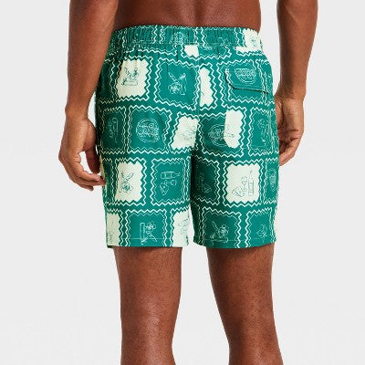 Men's 7'' Patterned Swim Trunks - Goodfellow & Co Green Tile XXL