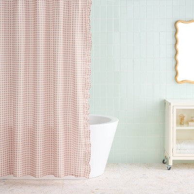 Gingham Ruffle Dorm Shower Curtain Pink/Ivory - Room Essentials