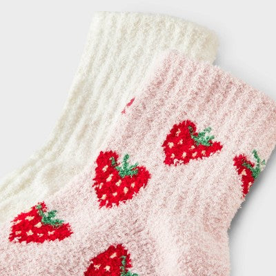 Women's Heart Fruit 2pk Cozy Quarter Crew Socks - Pink/Cream Combo 4-10
