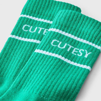 Women's "Cutesy" Cushioned Ribbed 2pk Mid Crew Socks - Green/White/Blue 4-10