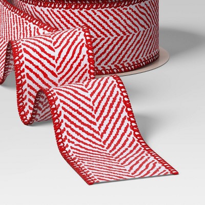 30' Christmas Fabric Ribbon Red White Grosgrain Chevron - Wondershop