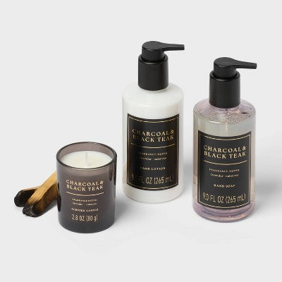3pc Charcoal and Black Teak Personal Care Hand Soap and Lotion Candle Gift Set Light Purple - Threshold (LOCAL PICKUP ONLY)