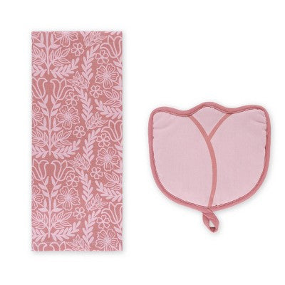 Potholder and Dishtowel Set Pink Flowers and Tulips - Bullseye's Playground