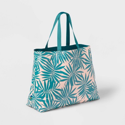 Water Resistant Reversible Tote Bag - Open Story Teal/White Palm: Botanical Pattern