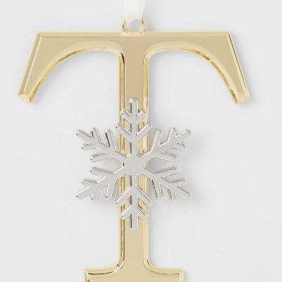 Metal Monogram 'T' with Snowflake Christmas Tree Ornament Gold - Wondershop