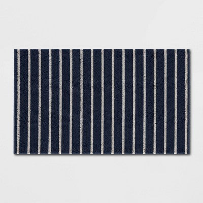 1'6"x2'6" Nautical Striped Micro Poly Loop Floormat White/Navy Blue - Room Essentials: Indoor Kitchen & Bathroom Mat