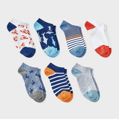 Boys' 7pk Lobster & Shark Striped No Show Socks - Cat & Jack Blue/Gray/White L