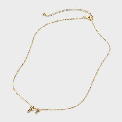 14K Gold Dipped Cubic Zirconia Double Cross Pendant Necklace - Gold