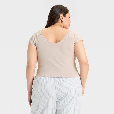 Women's Short Sleeve Double V-Neck Ribbed T-Shirt Gray XXL