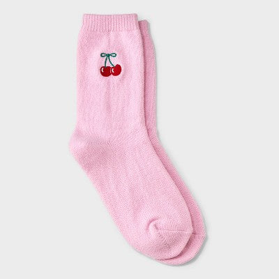 Girls' Embroidered Cherry Sweater Crew Socks - Cat & Jack Pink M