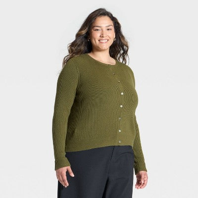 Women's Ribbed Cuff Cardigan Sweater - A New Day Olive 2X
