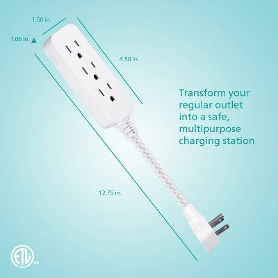 Philips 3-Outlet Surge Protector with 1 Ft. Extension Cord, Gray and White: Short Cord