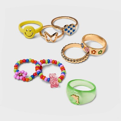 Girls' 8pk Beaded Flower and Gummy Bear Ring Set - art class