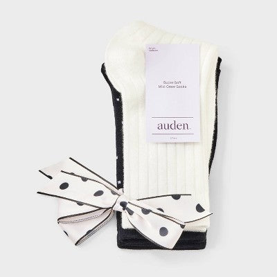 Women's 2pk Comfortwear Bow Demi Crew Socks - Auden - Sour Cream/Ebony