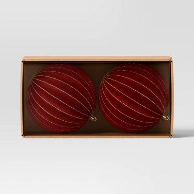 2ct Christmas 200mm Flocked Ribbed Glitter Ornament Set Dark Red - Wondershop