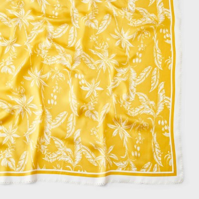 Tropical Palm Printed Scarf with Border & Scallop Edge - A New Day Yellow