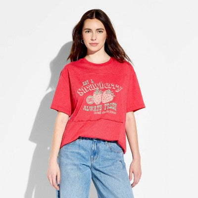 Women's Strawberry Oversized Short Sleeve T-Shirt - Berry Red L