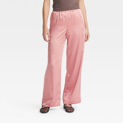 Women's Mid-Rise Straight Leg Satin Pull-On Pants - A New Day Pink M