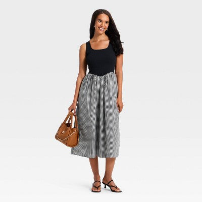 Women's Pullover Knit/Woven Midi Dress Blk/Wht Gingham S