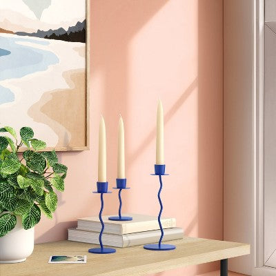 3pk Wavy Taper Candle Holder Set Blue - Room Essentials