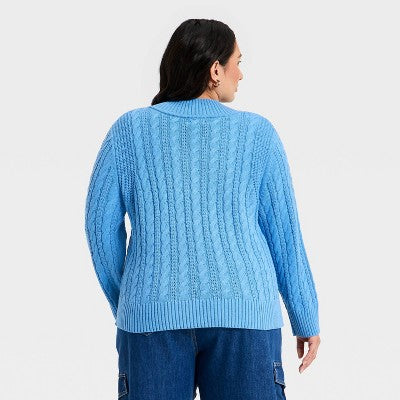 Women's Cable Knit V-Neck Sweater - Ava & Viv Blue 4X