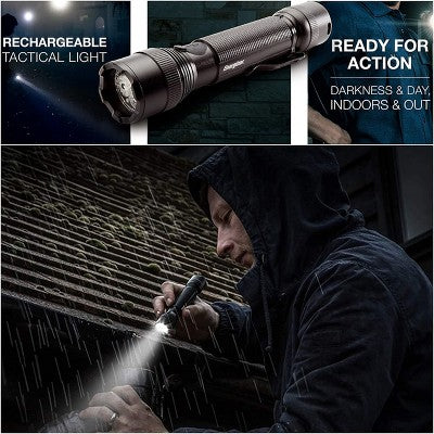 Energizer 700 Lumens Rechargeable Tactical Metal Light: LED Flashlight, Impact & Water-Resistant, Pocket Clip, Black
