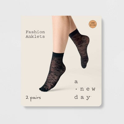 Women's Rose Floral Mesh Sheer 2pk Anklet Socks - A New Day Black/White 4-10: Lightweight Knit, Botanical Pattern